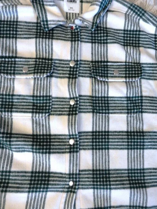 NWOT Sonoma XXL women's white green plaid shacket shirt snap buttons beach farm - Picture 2 of 6